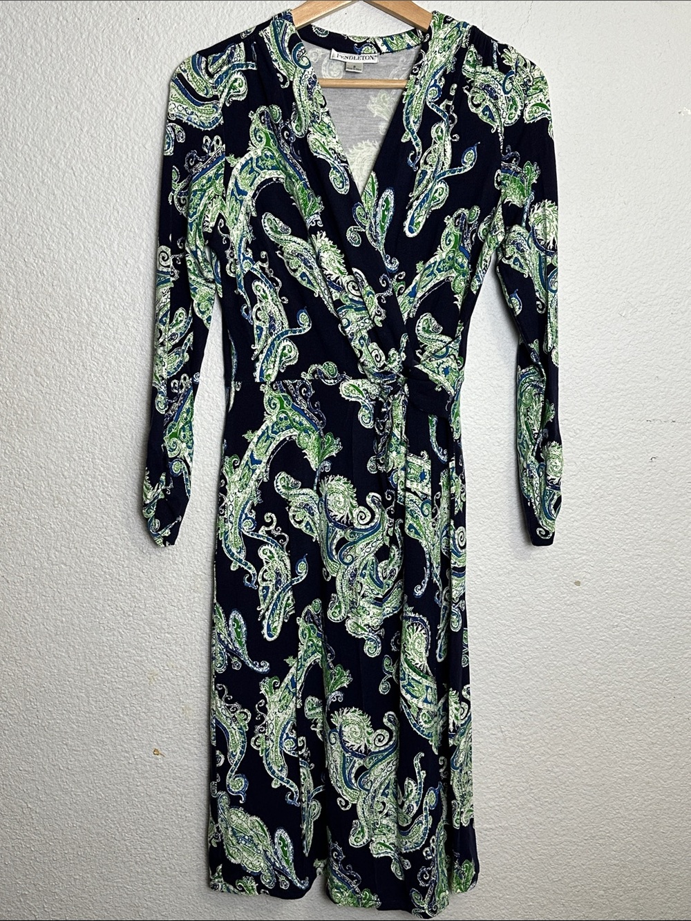 Pendleton‎ Paisley Faux Wrap Midi Dress Navy Green Stretchy Womens Small